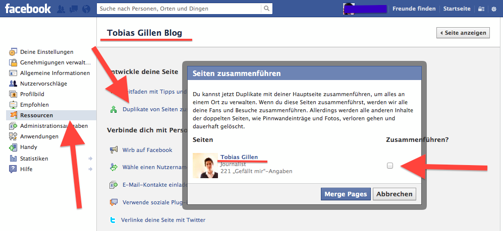 Facebook-Seiten zusammenführen
