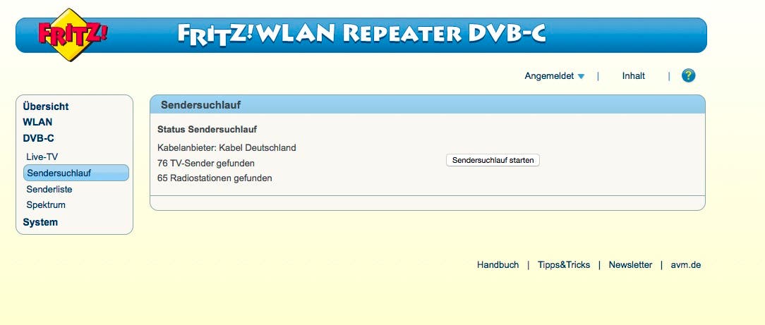 AVM DVB-C Repeater Weboberfläche: Sendersuchlauf