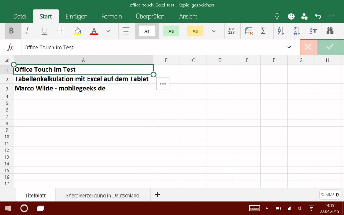 Office Touch angetestet Tabellenkalkulation mit Microsoft Excel auf