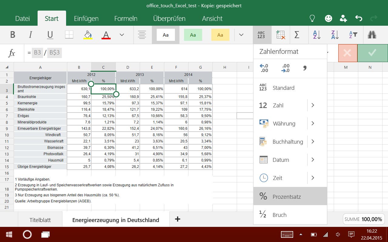 Excel Touch - Zellformatierung