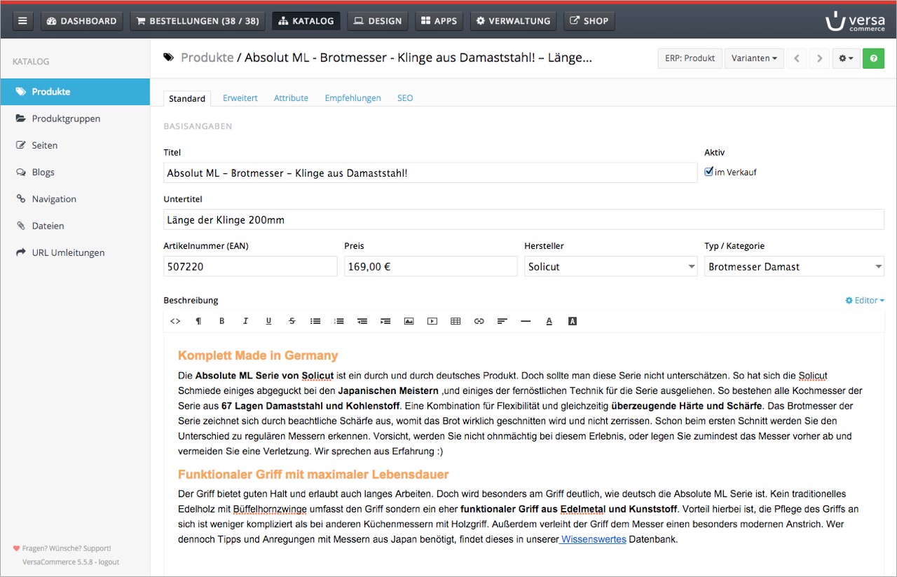 Produktbeschreibungen können bei VersaCommerce umfangreich gestaltet werden.