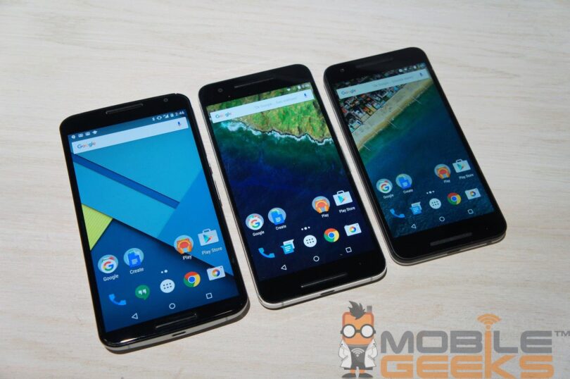 von links nach rechts: Motorola Nexus 6, Huawei Nexus 6P, LG Nexus 5X