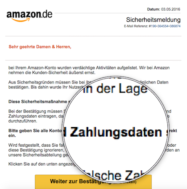 Amazon Konto eingefroren Spam Mail