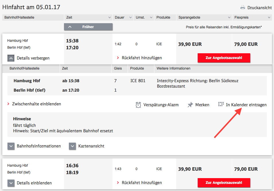 Bahnreise in den Kalender eintragen (Schritt 2)