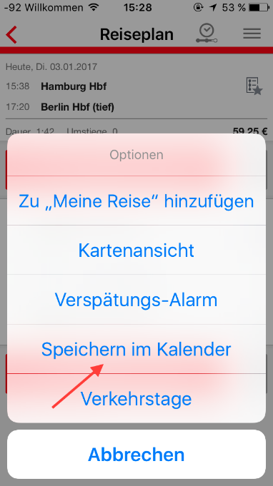 DB Navigator: Bahnreise in den Kalender eintragen (Schritt 2)