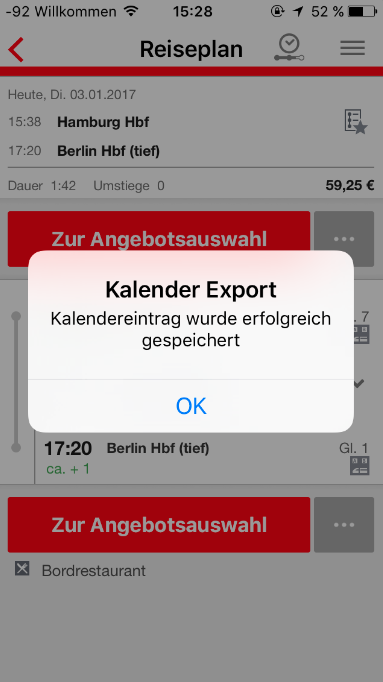 DB Navigator: Bahnreise in den Kalender eintragen