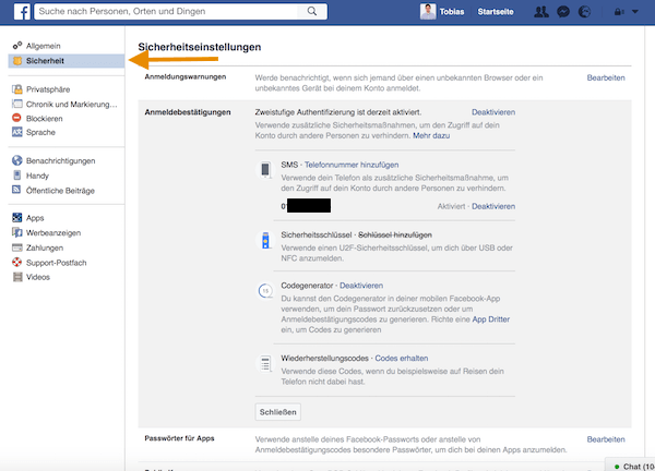 Zwei-Faktor-Authentifizierung auf Facebook