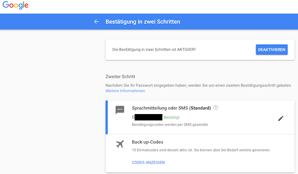 Google Zwei-Faktor-Authentifizierung 2FA