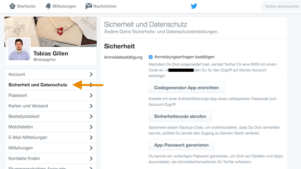 Zwei-Faktor-Authentifizierung auf Twitter