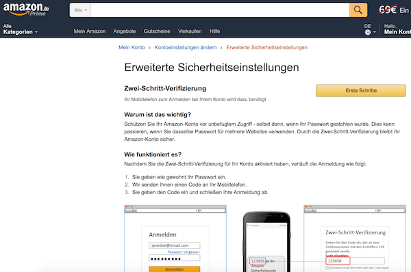 Zwei-Faktor-Authentifizierung bei Amazon