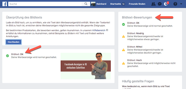 Überprüfung des Bildtextes Facebook-Anzeigen