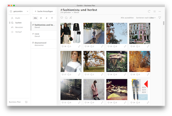 Screenshot Combin Hashtag Suche