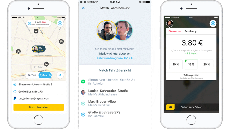 Die „Match”-App von My-Taxi (Bilder: My-Taxi, Collage: Mobility Mag)