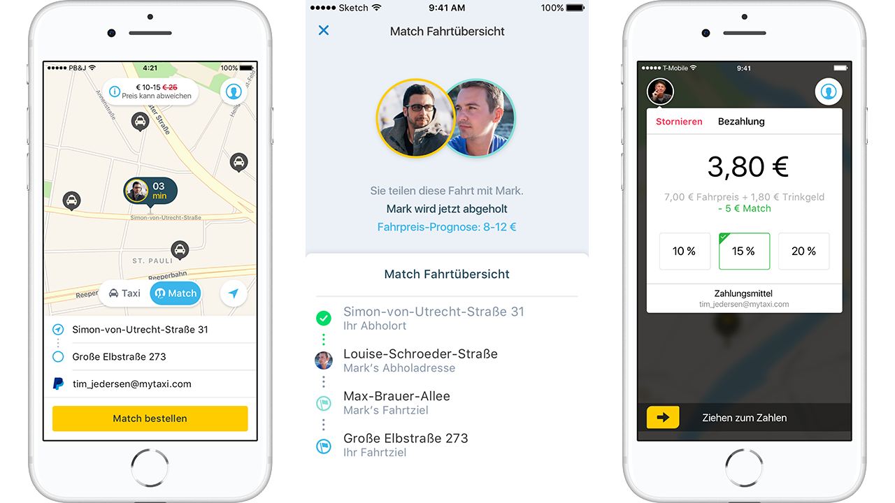 Die „Match”-App von My-Taxi (Bilder: My-Taxi, Collage: Mobility Mag)