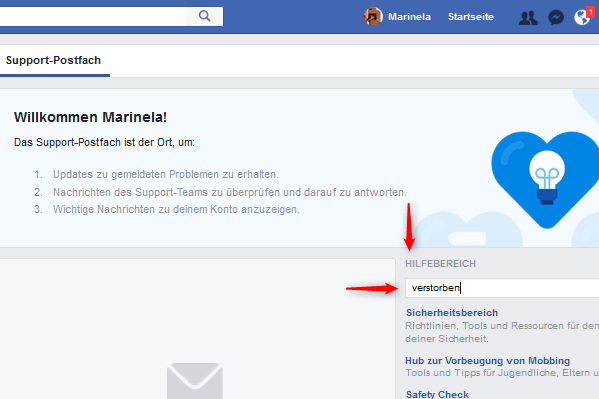 Facebook Gedenkzustand Hilfbereich Suchfunkion