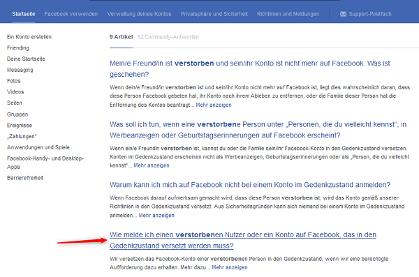 Facebook Gedenkzustand Hilfebereich Artikel