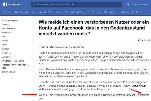 Facebook Gedenkzustand Hilfebereich Kontakt