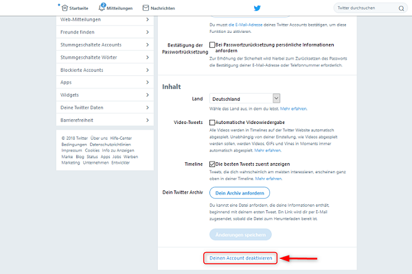Twitter-Account löschen Einstellungen