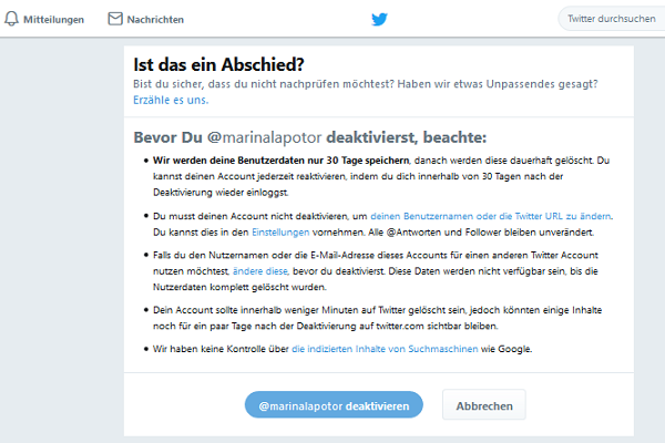 Twitter-Account löschen Hinweise