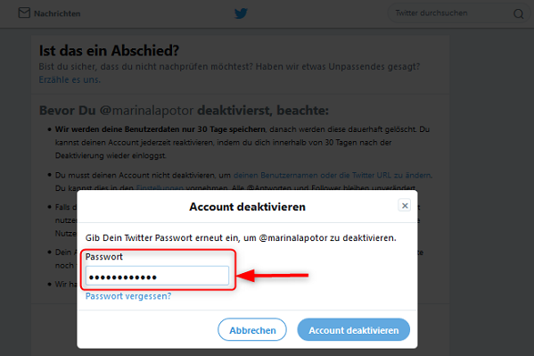 Twitter-Account löschen Passwort bestätigen