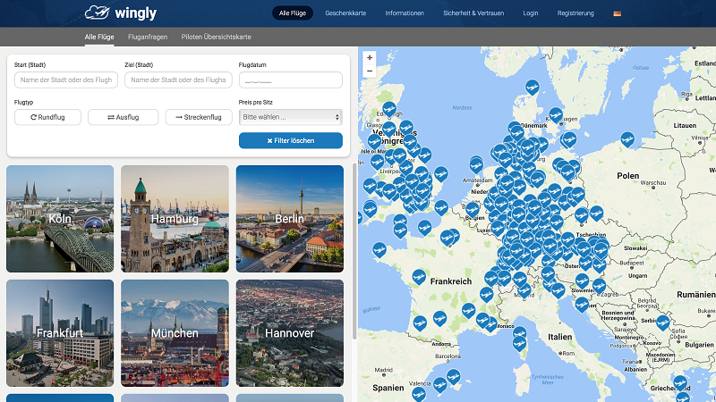 Wingly Flightsharing Webseite