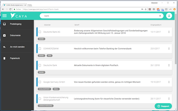 Über das Web-Interface sieht man seine Dokumente in der Übersicht (Bild: CAYA)