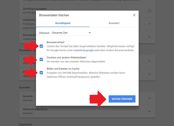 Cookies löschen, Browserverlauf löschen, Google Chrome