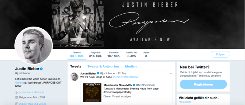 Justin Bieber, Twitter