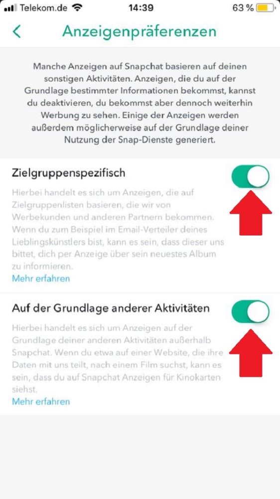 Snapchat, Snapchat-Targeting deaktivieren