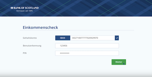 Bank of Scotland Sofortkredit digitaler Einkommenscheck