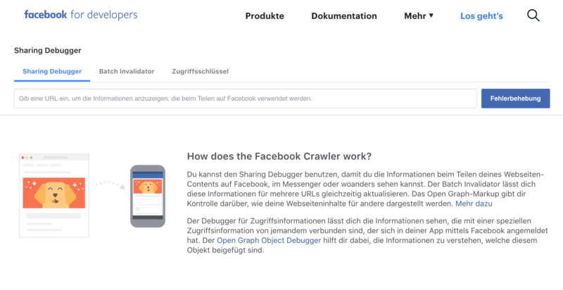 Startseite, Facebook, Debugger