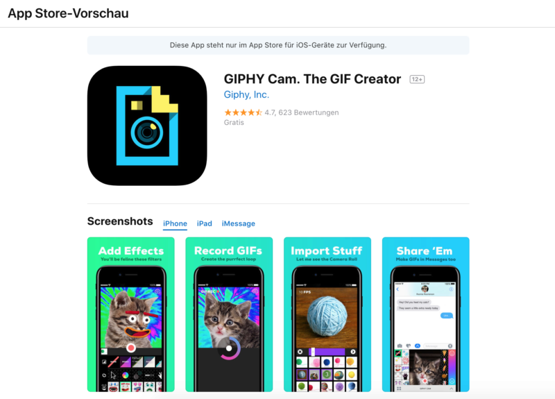 Die GIPHY Cam App im iTunes Store. 