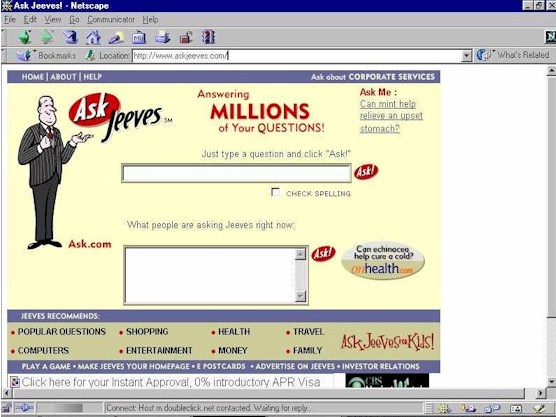 Ask Jeeves Suchmaschine alte Landingpage