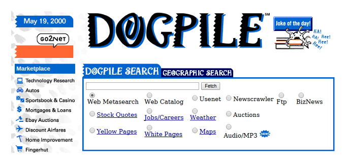 Dogpile Suchmaschine alte Landingpage