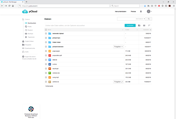 pCloud Übersicht Ordner Funktionen Browser