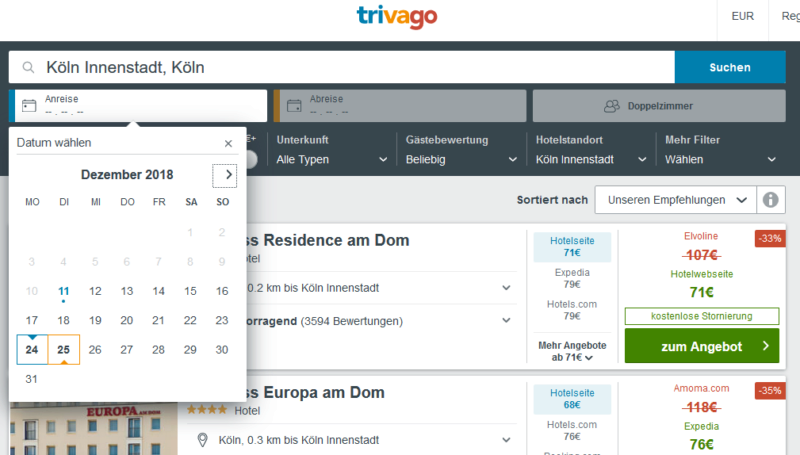 Trivago Screenshot Hotelsuche