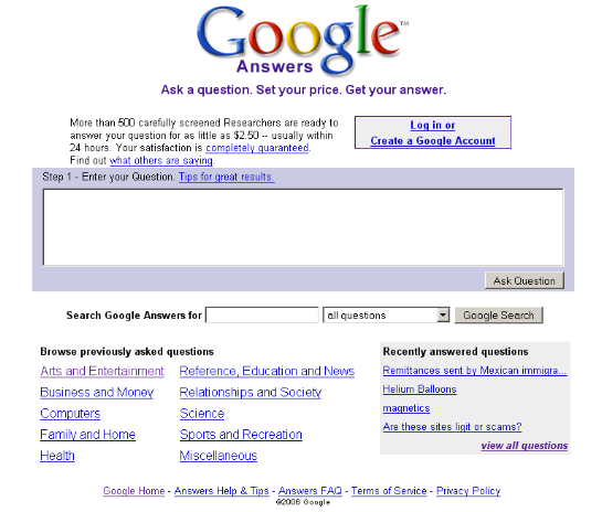 Google Answers Screenshot