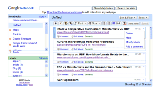 Google Notebook Screenshot