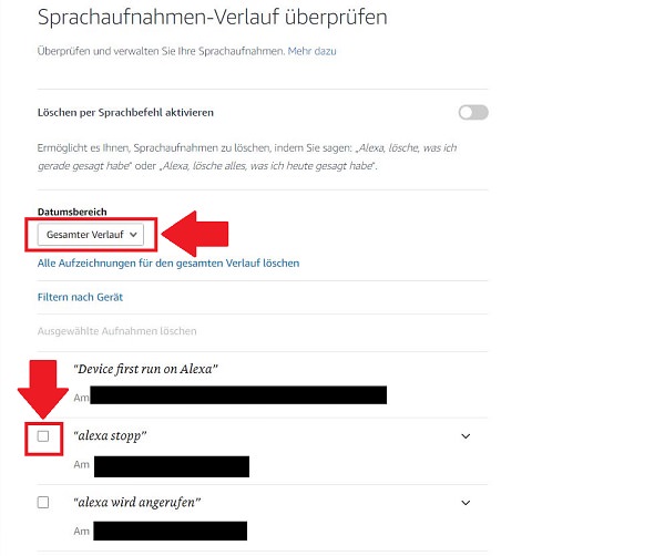 Alexa-Gespräche löschen, Alexa-Aufzeichnungen löschen, Alexa-Verlauf löschen, Amazon