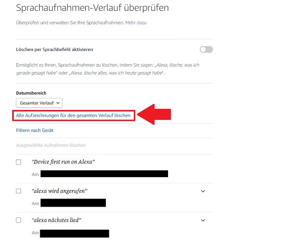 Alexa-Gespräche löschen, Alexa-Aufzeichnungen löschen, Alexa-Verlauf löschen, Amazon