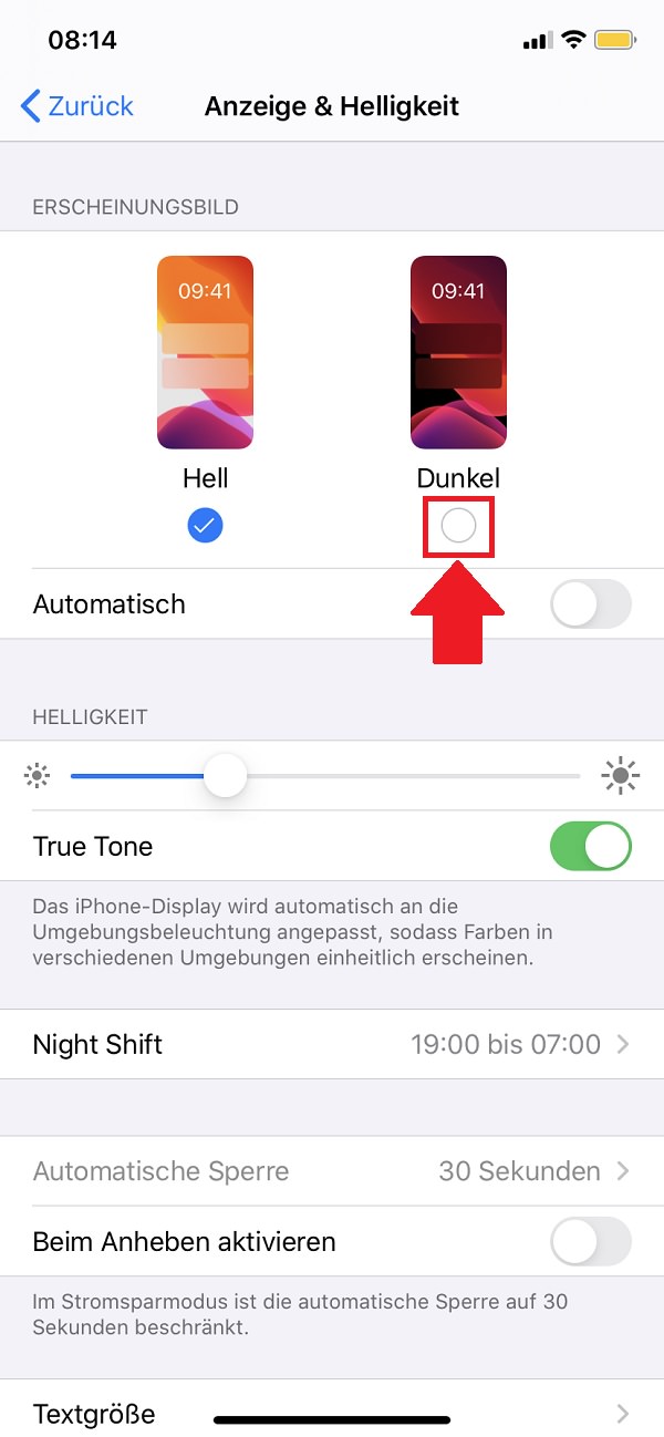 iPhone Dark Mode, iPhone-Einstellungen