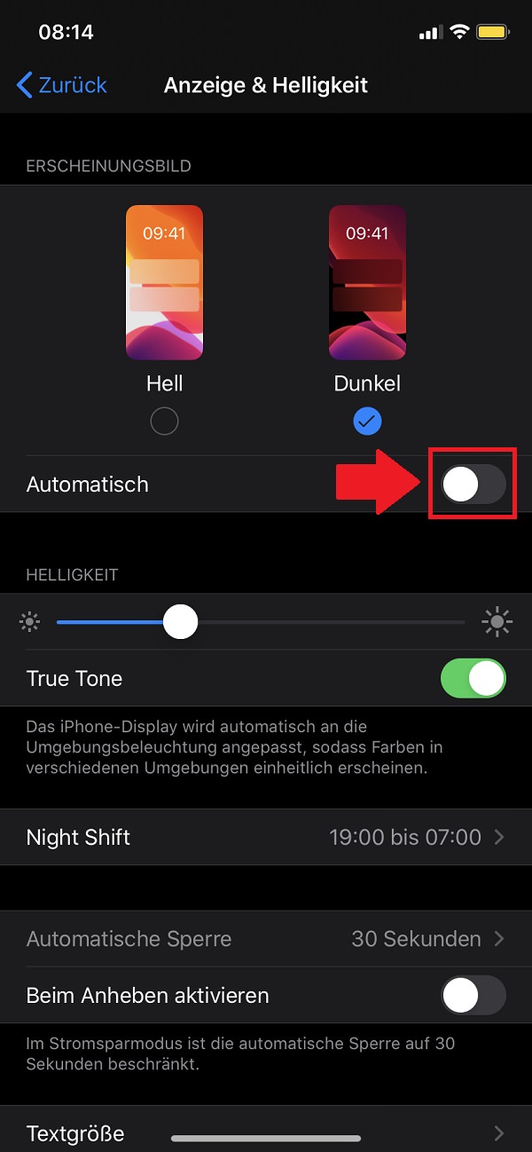 iPhone Dark Mode, iPhone-Einstellungen