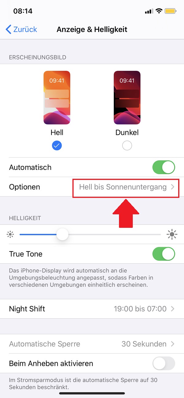 iPhone Dark Mode, iPhone-Einstellungen