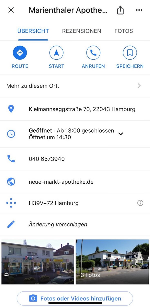 Google, Google-Suche, NAP-Daten, Marienthaler Apotheke