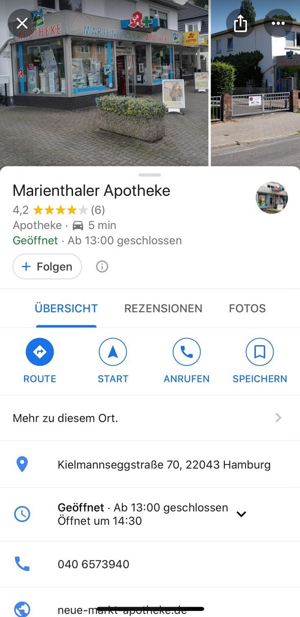 Google My Business, Marienthaler Apotheke, Local SEO