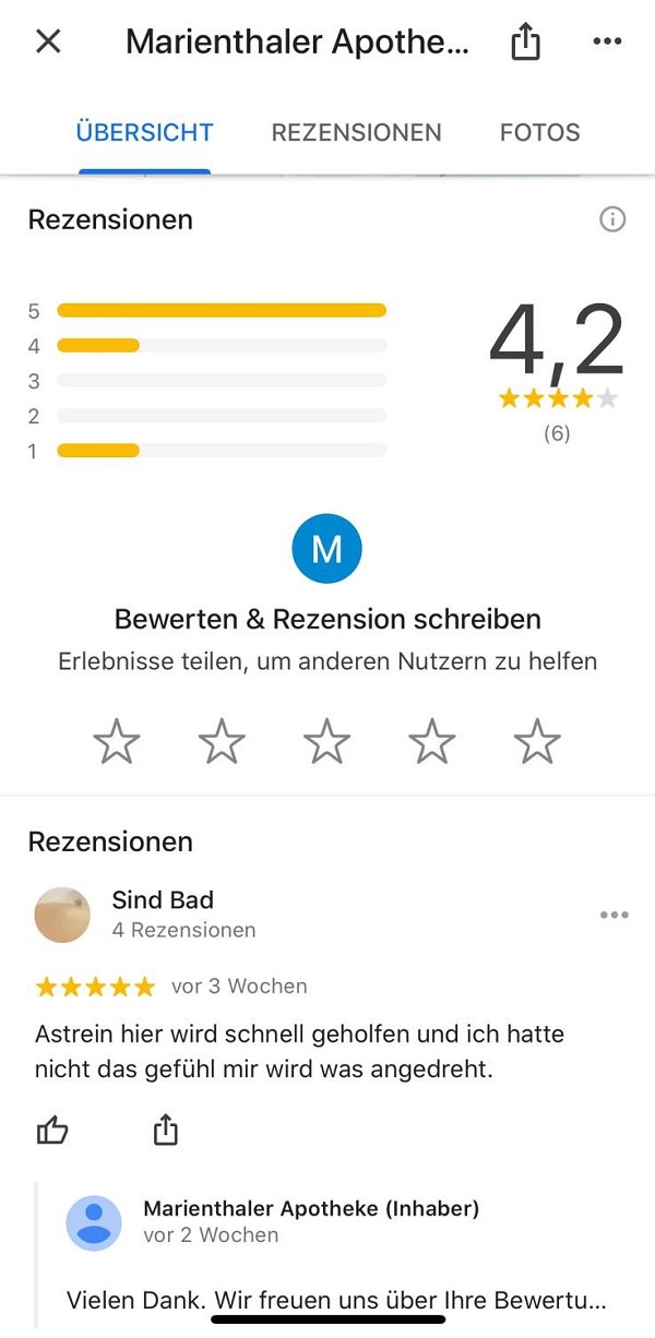 Google, Google-Rezension, Google-Rezensionen, Marienthaler Apotheke