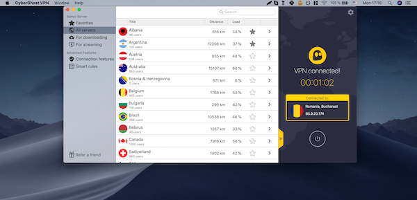 Cyber Ghost VPN Länderauswahl