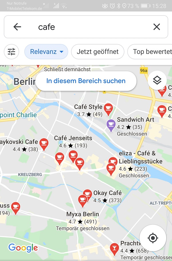 Google Maps Suche, Karte, Café, Berlin