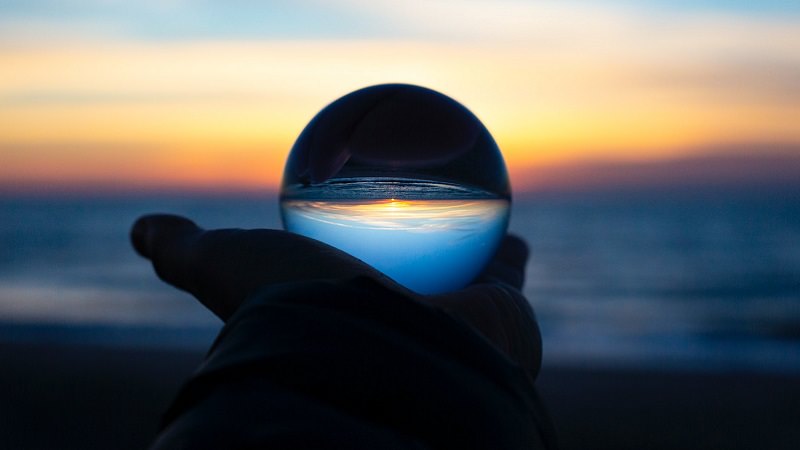 Glaskugel, Strand, Sonnenuntergang, Zukunft, Prognosen