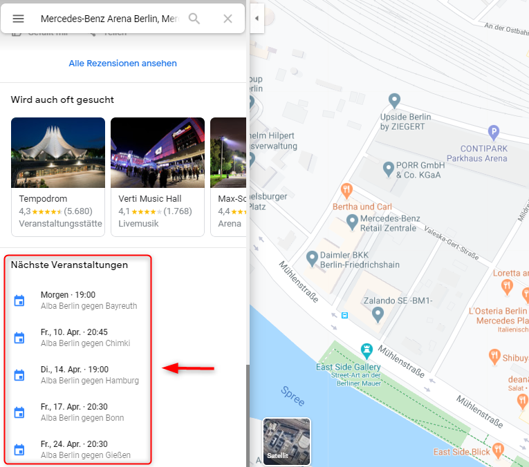 Google Maps Events, Karte, Mercedes-Benz-Arena Berlin